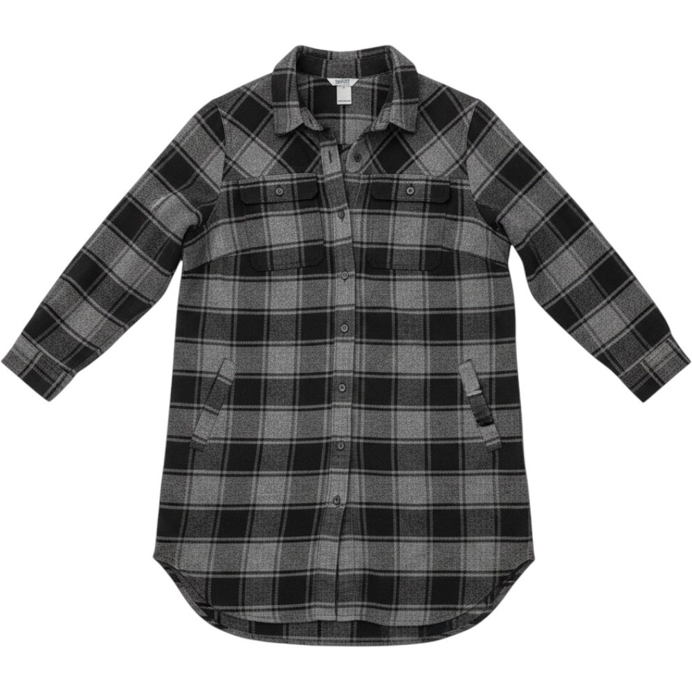 Duluth Folklore Flannel Duster Tunic Women Large Grey Plaid Long Sleeve Pocketed